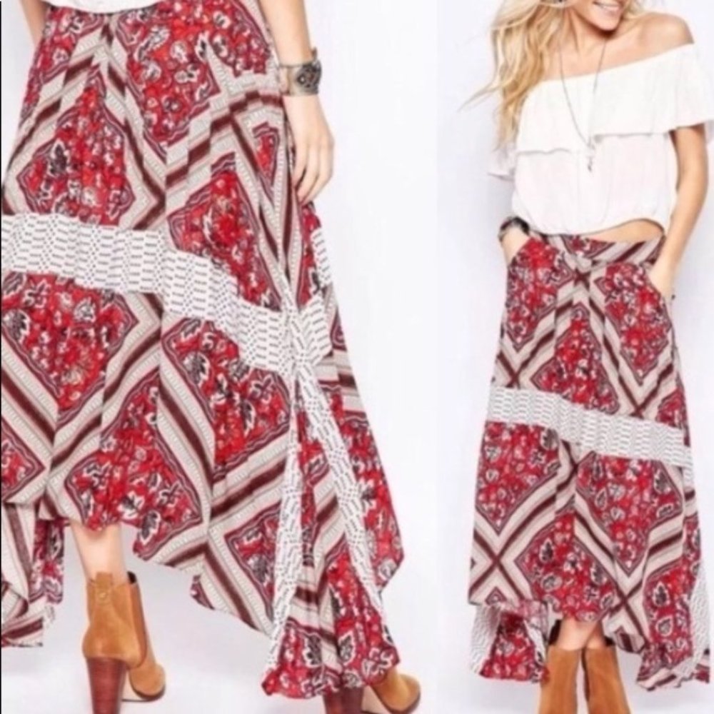Free People Red Patterned Boho Midi Skirt